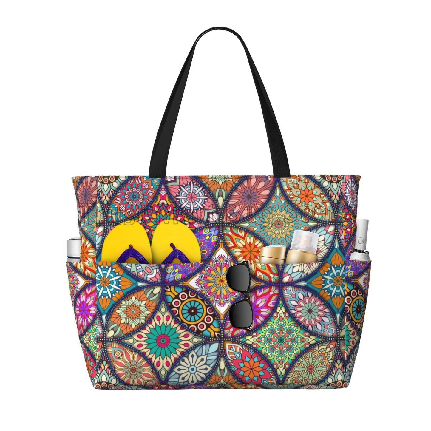 Ethnic Mandala Flowers Waterproof  Beach Tote Pool Bags for Women Ladies Extra Large Gym Tote Carry on Bag for Weekender Travel