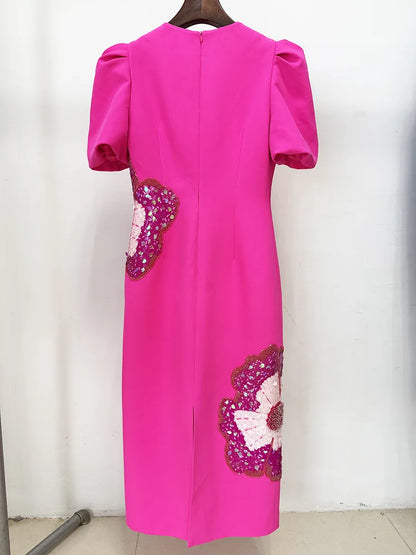 HIGH STREET Newest 2026 Designer Fashion Women's Beaded Sequin Three-Dimensional Flower Short Sleeved Midi Dress