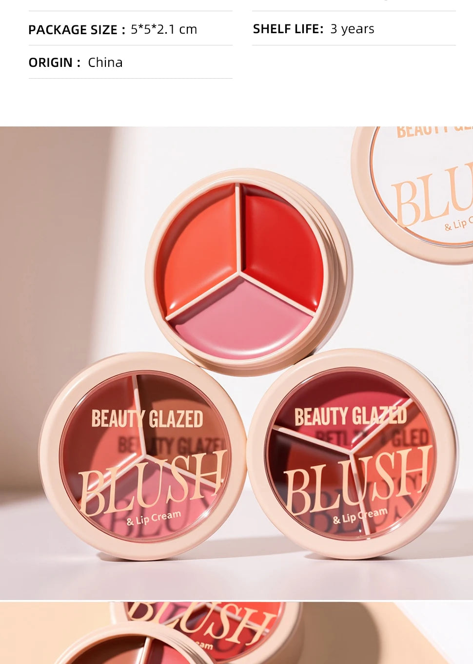 3-color blush palette-cream 2-in-1 multifunctional facial lip makeup, berry, pink, red waterproof