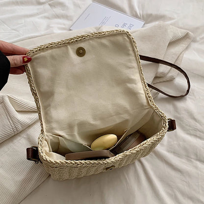 Women Weave Straw Bag Seaside Crossbody Bag Vintage Summer Straw Beach Bag Adjustable Strap Handmade Travel Flap Bag