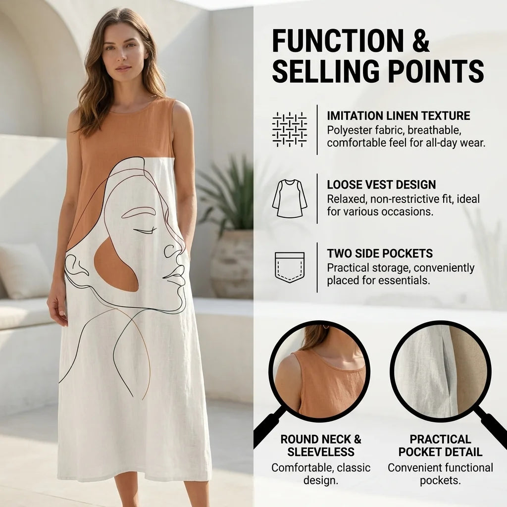 Imitation Linen Loose Vest Long Skirt Artistic Portrait Print O-neck Sleeveless Dress Comfortable Summer Dresses for Women
