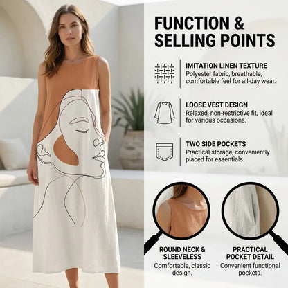 Imitation Linen Loose Vest Long Skirt Artistic Portrait Print O-neck Sleeveless Dress Comfortable Summer Dresses for Women