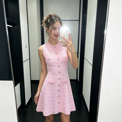ZJYT New Summer Women's Sleeveless Knit Dress Elegant Sweet Pink Casual Party Mini Short Dresses Female Knitwears with Buttons