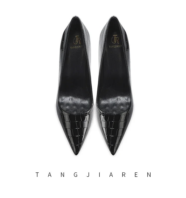Summer new crocodile patterned high heels for women, slim heels, sexy, fashionable, versatile, professional single shoes