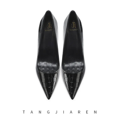 Summer new crocodile patterned high heels for women, slim heels, sexy, fashionable, versatile, professional single shoes
