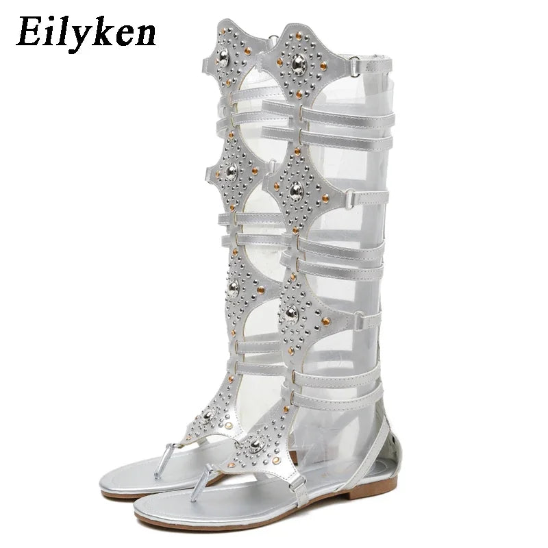Eilyken 2026 New Golden Gladiator Roman Women Boots Sandals PU Leather Open Toe Knee High Rivet Leisure Flat Shoes