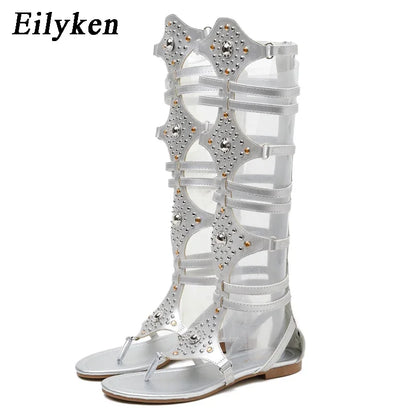 Eilyken 2026 New Golden Gladiator Roman Women Boots Sandals PU Leather Open Toe Knee High Rivet Leisure Flat Shoes