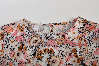 Women's Spring/Summer round Neck Pullover Dress with Pockets Middle Sleeve Loose Casual Print Midi Length