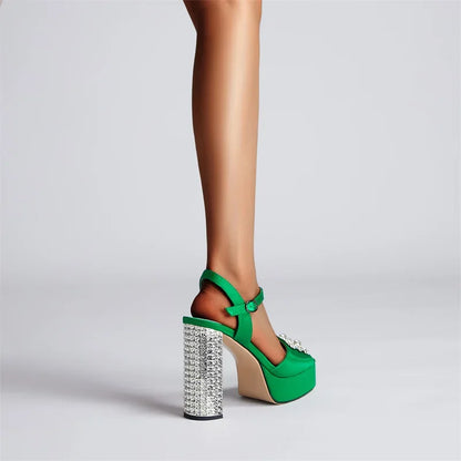 Square Headed Satin Banquet Sandals 2026 New Rhinestone Thick Heel High Heels 35-43 Leather Waterproof Platform Show Women Shoes