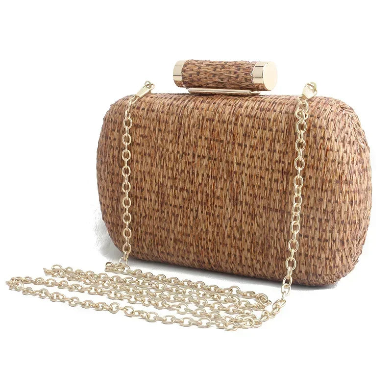 Summer Fashion Hand-woven Straw Bag Women Metal Clutches Chain Shoulder bag Crossbody Bags Ladies Party Evening Clutch Purse sac