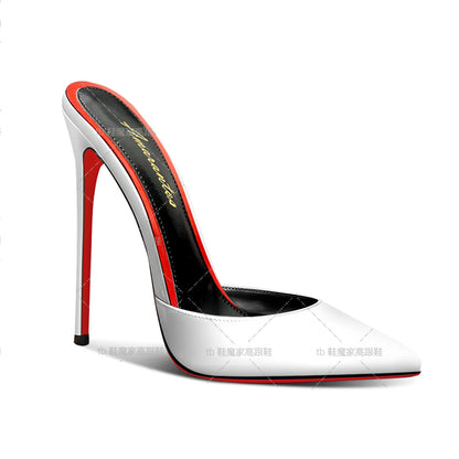 2025 New Style Baotou Sandals for Women, 12cm Pointed Red Bottom High Heels, Ultra fine Heels, Half Slippers for External Wear