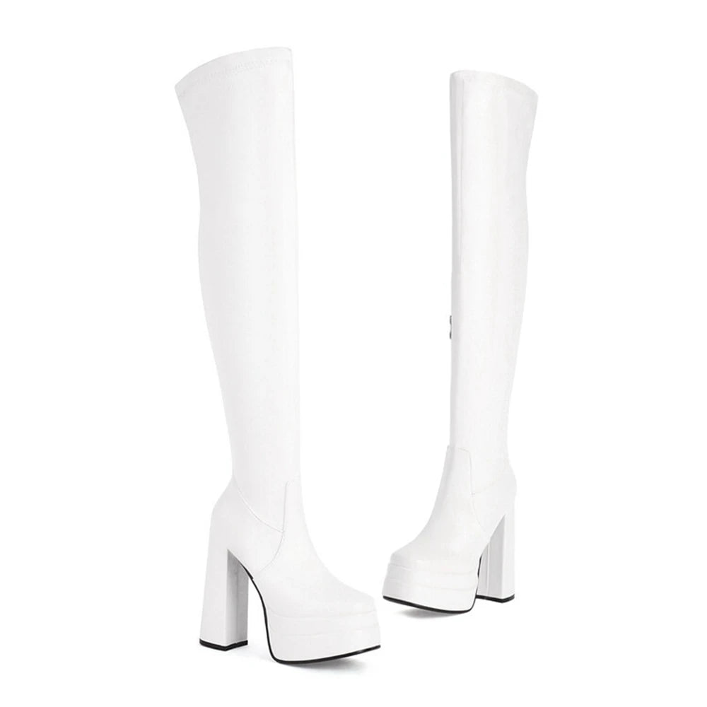 Women Patent Leather Over The Knee Platform Boots Black White Red Double Layer Block Heel Thigh High Boots Plus Size 34-48 23-06