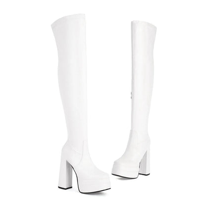 Women Patent Leather Over The Knee Platform Boots Black White Red Double Layer Block Heel Thigh High Boots Plus Size 34-48 23-06