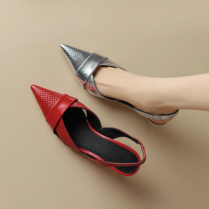 【JOCHEBED HU】Brand Genuine Leather Pointed Toe Slingback Kitten Heel Sandals Women Stiletto High Heels Summer Designer Party
