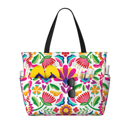 Mexican Flower Waterproof  Beach Tote Pool Bags for Women Ladies Extra Large Gym Tote Carry on Bag for Weekender Travel Swim