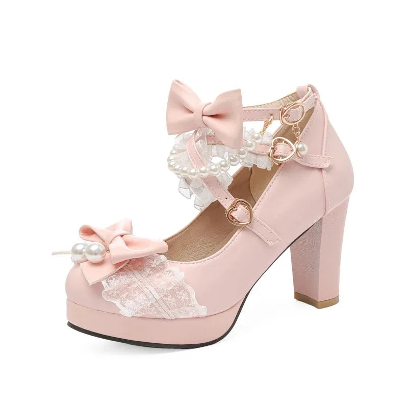 Cross Strap Women High Heels Mary Jane Pumps Party Wedding Cosplay White Pink Black Strawberry Bow Princess 2025 Lolita Shoes