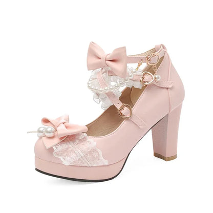 Cross Strap Women High Heels Mary Jane Pumps Party Wedding Cosplay White Pink Black Strawberry Bow Princess 2025 Lolita Shoes