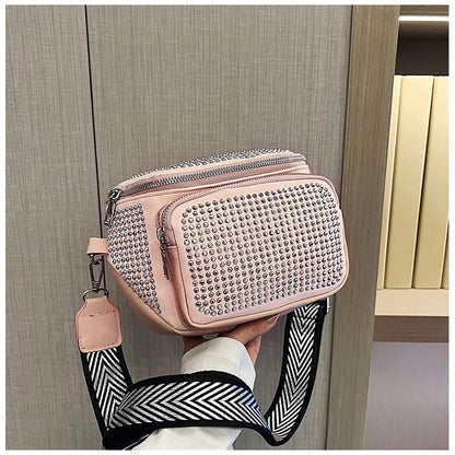 Fashion Shiny Women crossbody bags PU leather Wide strap Female Shoulder bags Ladies Waist Pack and Purses Saddle Chest Bags