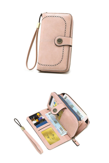 Vintage Large Capacity Women's Purse, Monochromatic, Multi-card, Long Wallet, Multi-function Zipper Strap, Wrist Strap, New