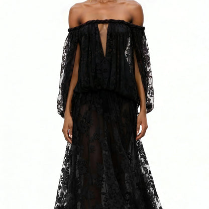 Elegant Luxury Off Shoulder Lace Maxi Dress, Black Sheer Cutout Long Sleeve Gown, Socialite Party Evening Dress For Women