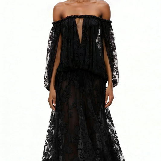 Elegant Luxury Off Shoulder Lace Maxi Dress, Black Sheer Cutout Long Sleeve Gown, Socialite Party Evening Dress For Women