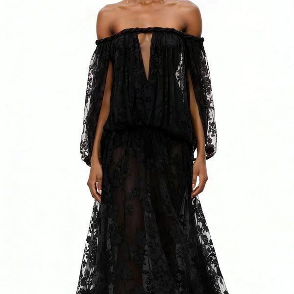 Elegant Luxury Off Shoulder Lace Maxi Dress, Black Sheer Cutout Long Sleeve Gown, Socialite Party Evening Dress For Women