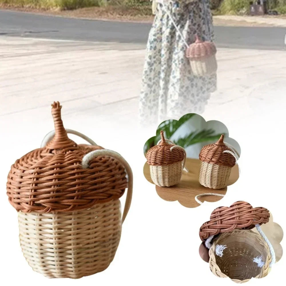 Creative Acorn Shaped Diagonal Cross Bag Storage Basket Hand Woven Circular Rattan Bag Beach Style Woven Shoulder Bag Photo Prop