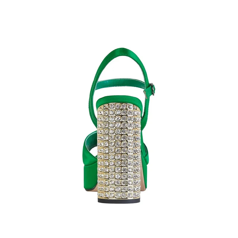 Square Headed Satin Banquet Sandals 2026 New Rhinestone Thick Heel High Heels 35-43 Leather Waterproof Platform Show Women Shoes