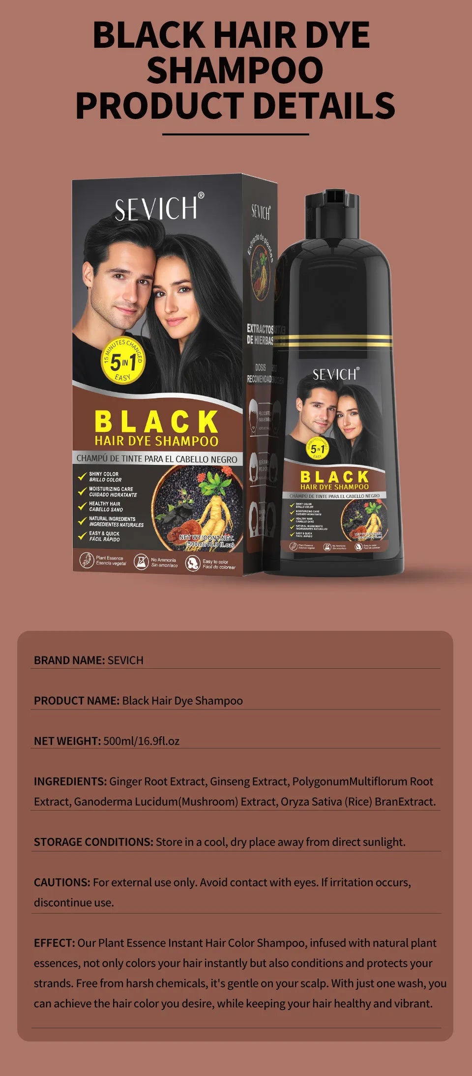 500ml Black Dyed Shampoo Instant Dye Covers Natural Gray Hair Shampoo Black Hair Dye Herbal Ginseng Ginger White Hair Dyed Black