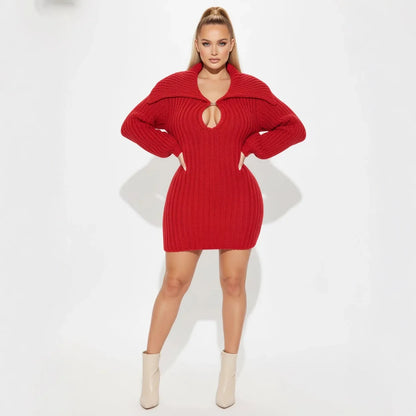 2025 New High Collar Elegant Commuter Big Collar Slim Fit Elastic Lantern Sleeve Woolen Dress