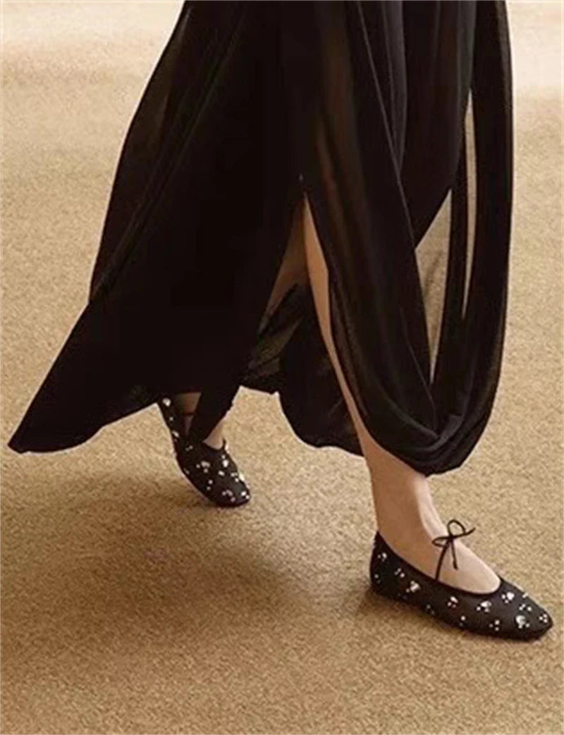 Hlieny Fashion Lace Up Mary Jane Shoes Women Elegant Ballet Flats Crystal Rhinestone Mesh Round Toe Loafers Ladies Mules Sandals