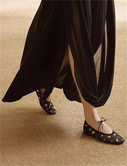 Hlieny Fashion Lace Up Mary Jane Shoes Women Elegant Ballet Flats Crystal Rhinestone Mesh Round Toe Loafers Ladies Mules Sandals