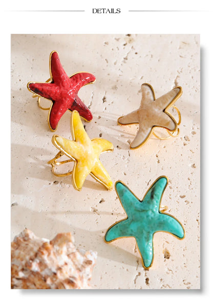 Yhpup 4 Color Ocean Style Acrylic Resin Big Starfish Adjustable Ring Stainless Steel Summer Vacation Jewelry for Women Tropical