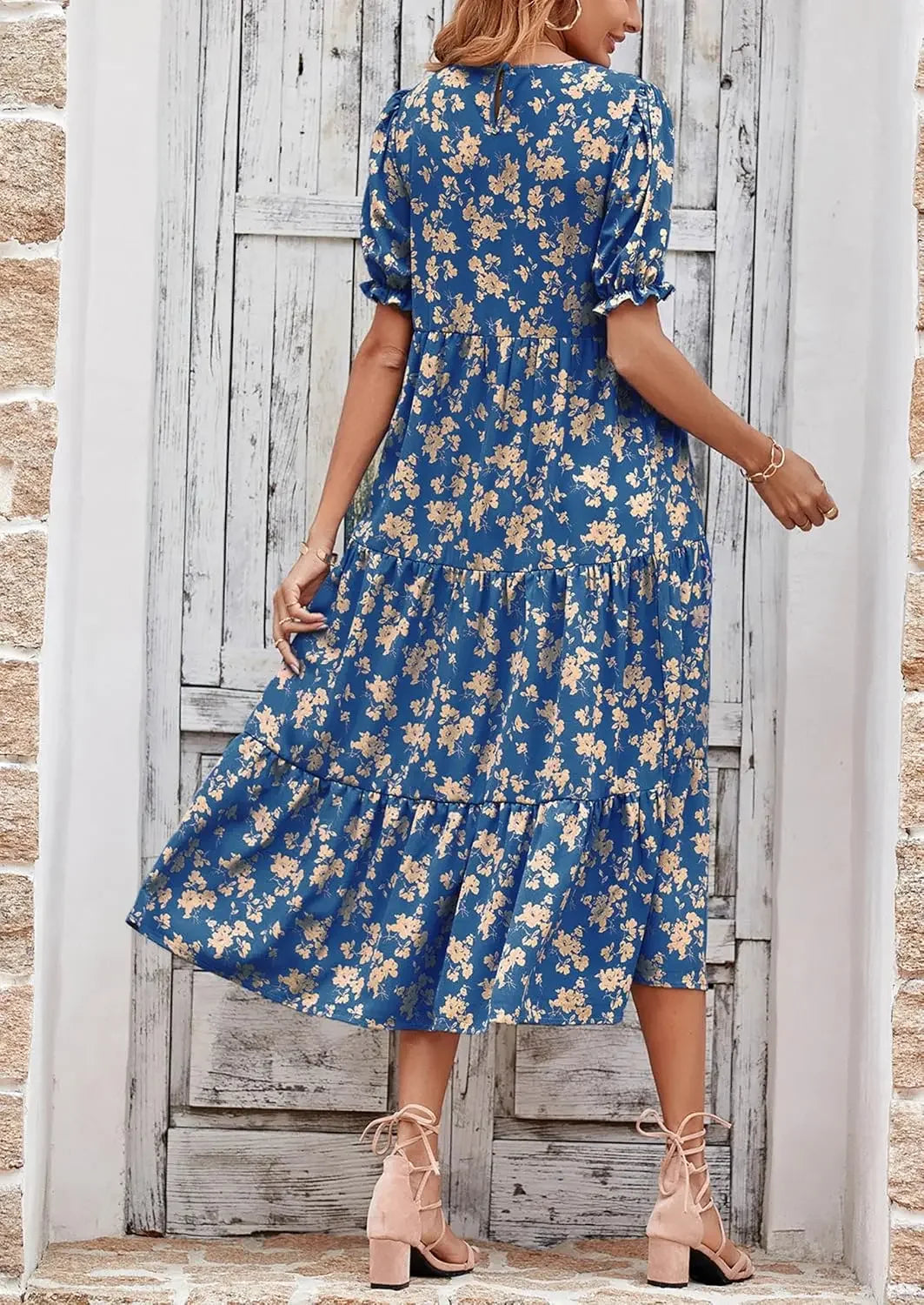 Summer Dresses for Women 2026 Casual Floral Boho Midi Sun DrPuff Short Sleeve Flowy Beach Vacation Sundress