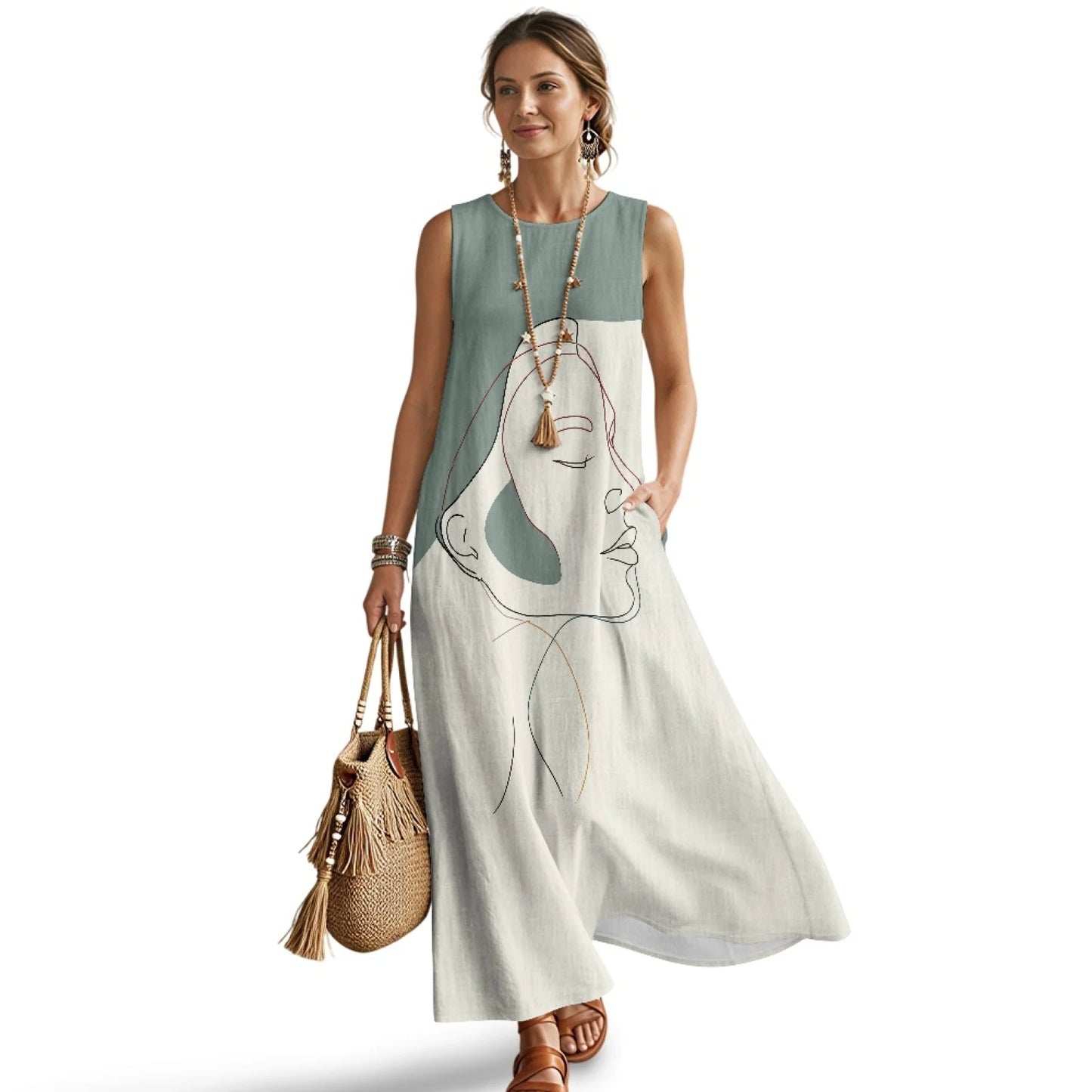 Imitation Linen Loose Vest Long Skirt Artistic Portrait Print O-neck Sleeveless Dress Comfortable Summer Dresses for Women