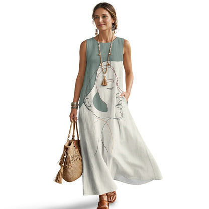Imitation Linen Loose Vest Long Skirt Artistic Portrait Print O-neck Sleeveless Dress Comfortable Summer Dresses for Women