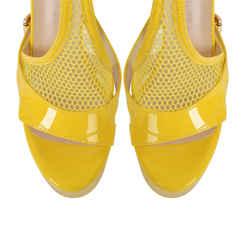 Onlymaker Women Yellow Mesh Buckle Peep Toe Platform Sandals Thin Heels Ankle Strap Buckle Dress Sexy Party Stiletto Sandals