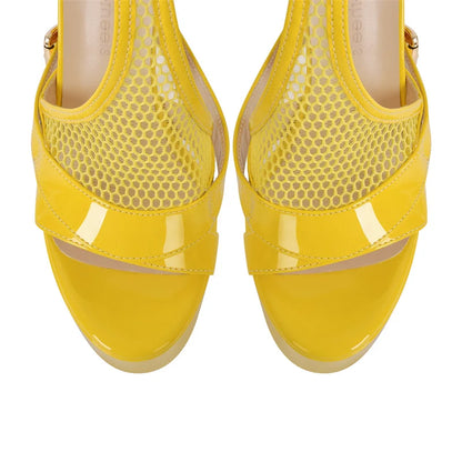 Onlymaker Women Yellow Mesh Buckle Peep Toe Platform Sandals Thin Heels Ankle Strap Buckle Dress Sexy Party Stiletto Sandals