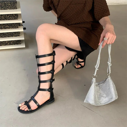 Knee High Summer Boots Gladiator Rome Sandals Mid-Calf Boots Booties Open Toe Strappy T-tied Strap Flat Heel Shoes Girl Women