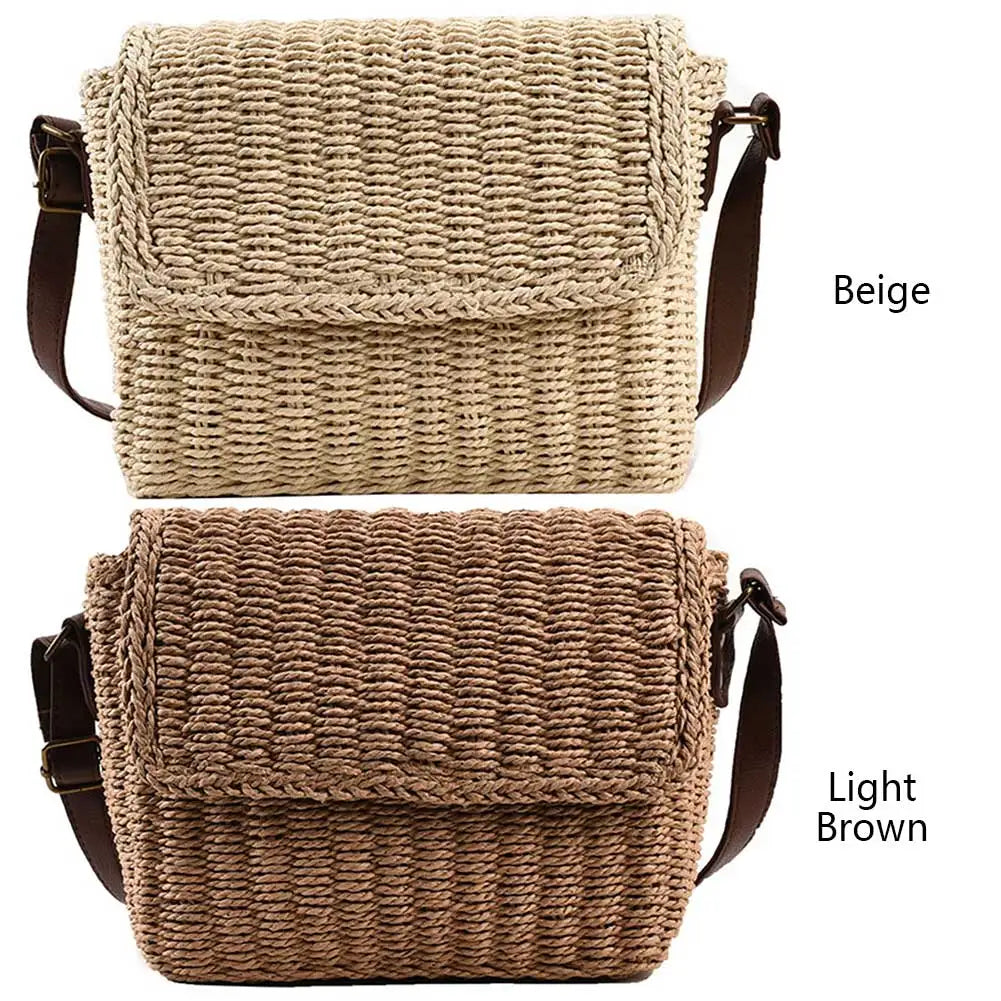 Women Weave Straw Bag Seaside Crossbody Bag Vintage Summer Straw Beach Bag Adjustable Strap Handmade Travel Flap Bag