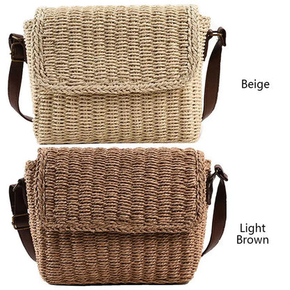 Women Weave Straw Bag Seaside Crossbody Bag Vintage Summer Straw Beach Bag Adjustable Strap Handmade Travel Flap Bag