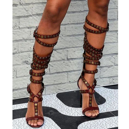 Sexy Front Chains Cutout Pointed Metal Toe Knee Boots Gold High Heel Woman Summer Boots Fashion Gladiator Party Shoes