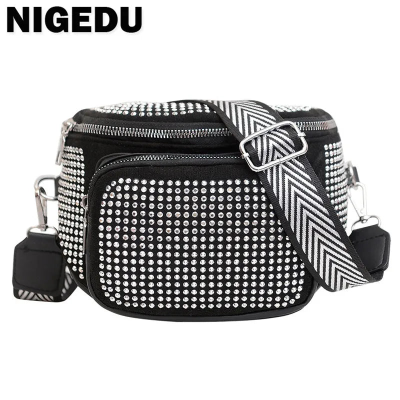 Fashion Shiny Women crossbody bags PU leather Wide strap Female Shoulder bags Ladies Waist Pack and Purses Saddle Chest Bags