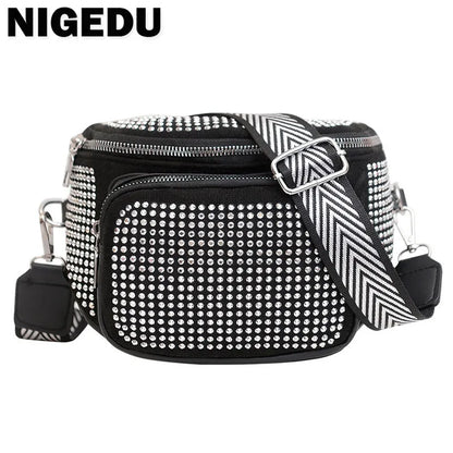 Fashion Shiny Women crossbody bags PU leather Wide strap Female Shoulder bags Ladies Waist Pack and Purses Saddle Chest Bags