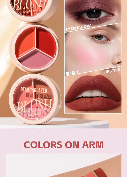3-color blush palette-cream 2-in-1 multifunctional facial lip makeup, berry, pink, red waterproof