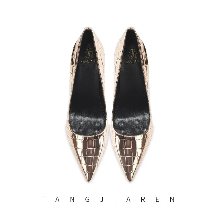 Summer new crocodile patterned high heels for women, slim heels, sexy, fashionable, versatile, professional single shoes