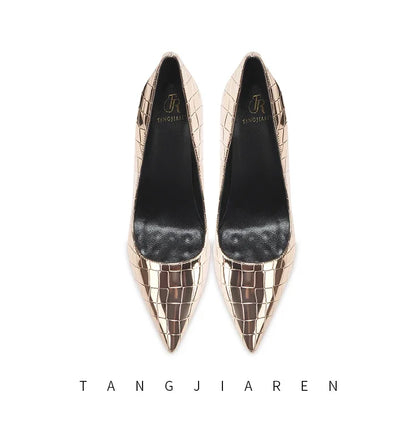 Summer new crocodile patterned high heels for women, slim heels, sexy, fashionable, versatile, professional single shoes