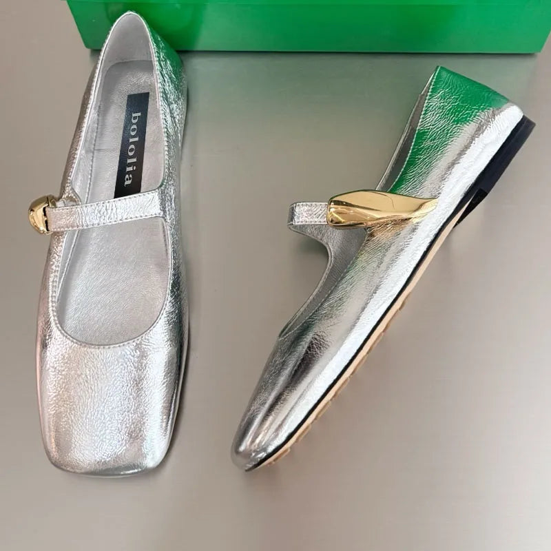 High Quality Women's Soft-soled Mary Jane Square Toe Versatile Commuter Metallic Decor One Strap Genuine Leather Flat Shoes