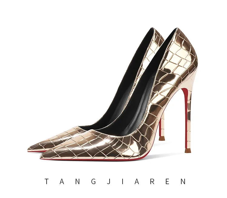 Summer new crocodile patterned high heels for women, slim heels, sexy, fashionable, versatile, professional single shoes