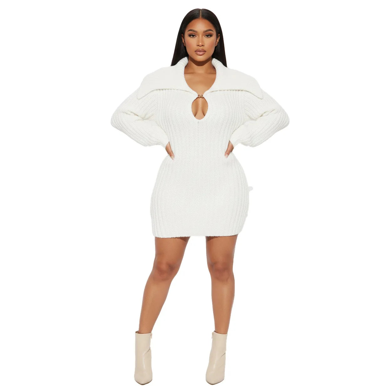 2025 New High Collar Elegant Commuter Big Collar Slim Fit Elastic Lantern Sleeve Woolen Dress